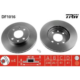 Takım Ön Havalı Fren Diski Küçük Tip 238mm R21 Clio Kangoo Megane İçin (1983-) - TRW DF1016
