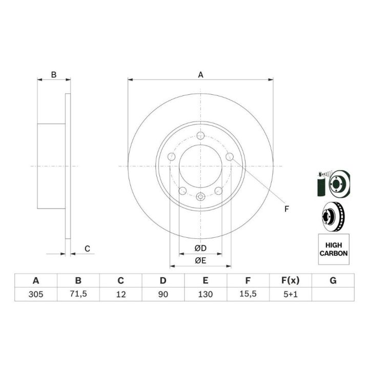 Arka Kaplamalı Yüksek Karbon Alaşımlı Fren Diski 305mm Movano 2.3 CDTI NV400 2.3 DCi İçin (2010-) - Bosch 0986479717