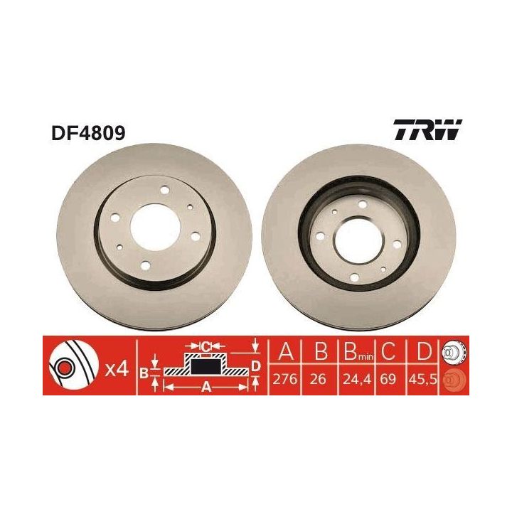 Fren Disk Ön Mitsubishi Galant 6 (EA), Galant 6 Estate (EA), Lancer 7 (cs_a, Cta), Lancer 7 Kombi (cs_w,ct_w) 2008-14 TRW DF4809