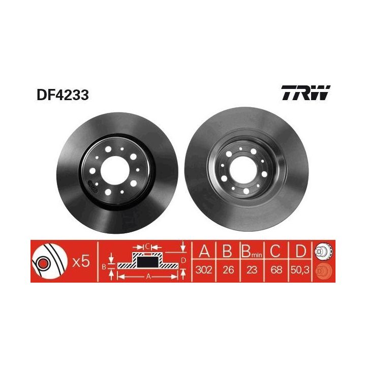 Fren Disk Ön Volvo 850 (854), 850 Estate (855), C70 - Convertible (873), C70 Coupe (872), S70 (874), V70 (875, 876) TRW DF4233