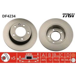 Takım Fren Diski Arka 305mm 5 Bijon Movano Master 2.5, 2.8dti (09/00-+) 16 Jant - TRW DF4234