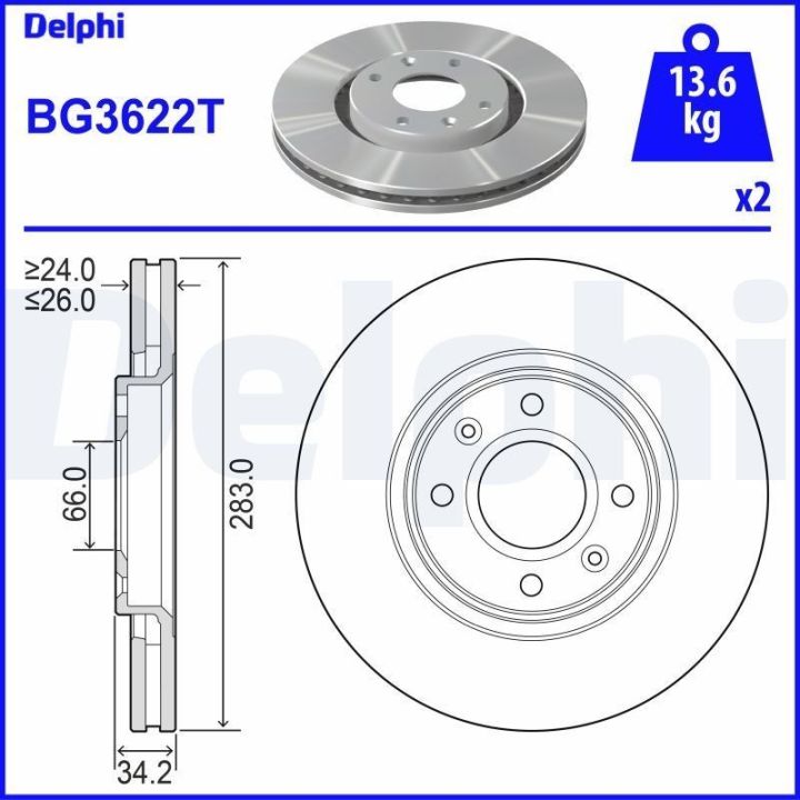 Ön Fren Diski Takımı 283mm Peugeot 206 207 208 307 Partner İçin (2000-) - DELPHI BG3622T